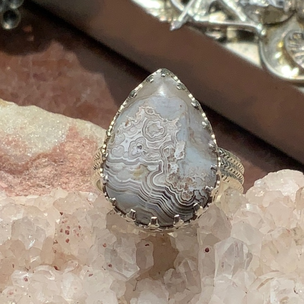 NATURAL CRAZY LACE AGATE 925 STERLING SILVER RING, SIZE 9